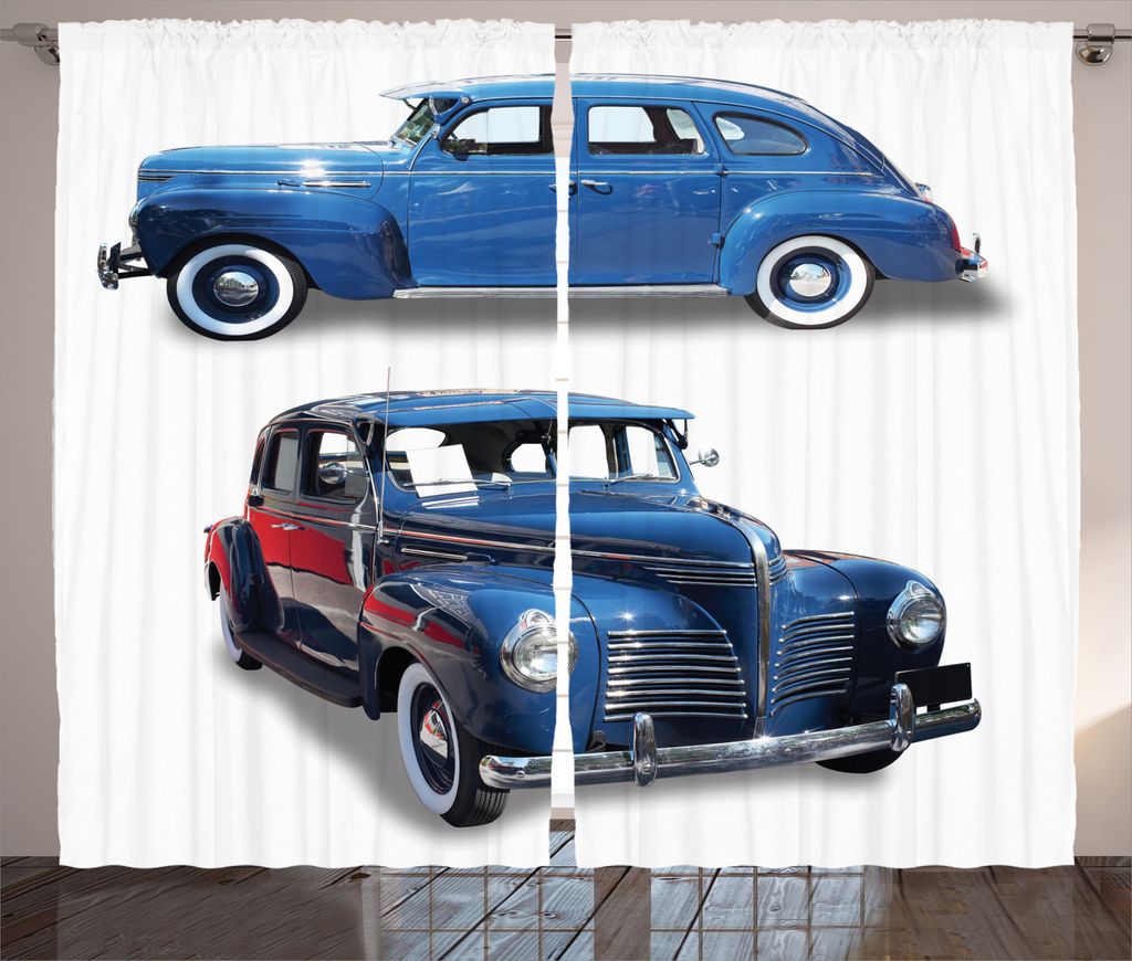 ABAKUHAUS Oldtimer Rustikaler Gardine, Altes Antike Fahrzeug, Schlafzimmer Kräuselband Vorhang mit Schlaufen und Haken, 280 x 245 cm, Blau Rot