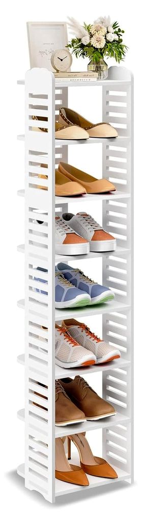 Schmaler Schuhregal in Weiß, Verstellbar, Multifunktional, Standregal für Flur, Eingang, Garderobe und Schlafzimmer, 8 Ablagen