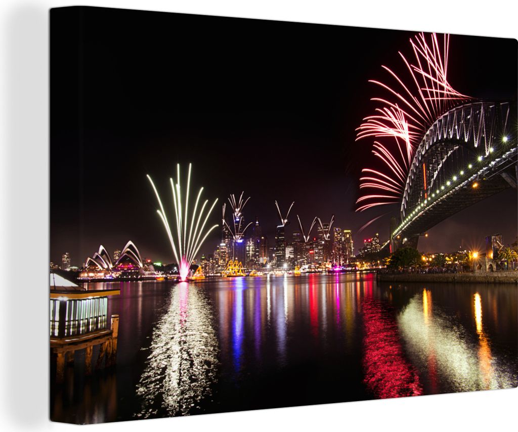 OneMillionCanvasses - Leinwandbilder - 150x100 cm, Sydney Harbour Bridge mit Feuerwerk in Australien, Wandbilder Kunstdruck Wanddekoration
