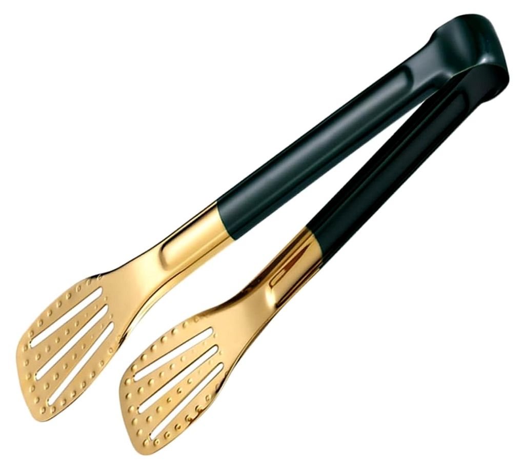 Edelstahl Grillzange mit grün-goldenem Griff für BBQ, Küchenzange, rutschfest und hitzebeständig, Multifunktionszange zum Kochen, Grillen, Serv...