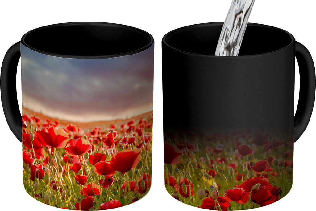 MuchoWow Zauber Tasse Zaubertasse Magic Sonnenuntergang über einem Feld von Mohnblumen 350 ml Farbwechsel Becher Geschenk Geschenkidee - Magic-T...