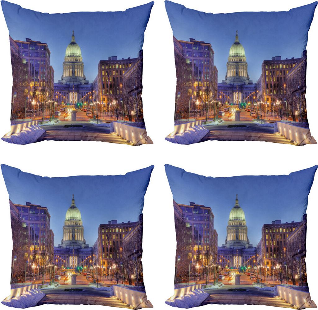 ABAKUHAUS Wisconsin Kissenbezug Set (4 Stück), Landmark Building Winter-, Moderner Doppelseitiger Digitaldruck, 50 cm x 50 cm, Mehrfarbig