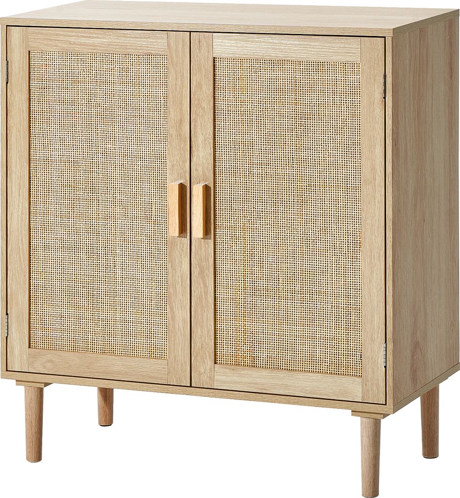 A light wood cabinet with woven rattan doors and wooden legs, presented against a white background.