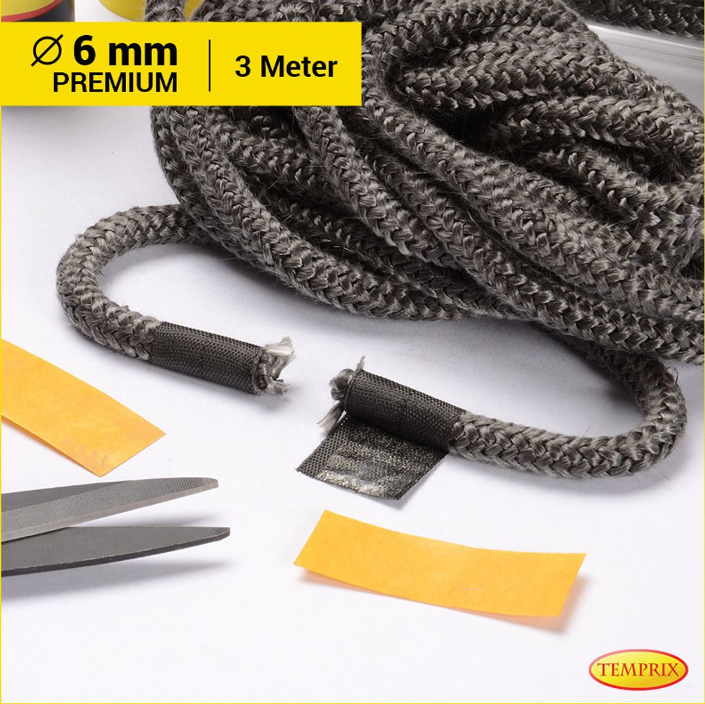 Temprix Kamindichtung & Ofendichtung Ø 6 mm Premium - 3 Meter inkl. Kleber | feuerfeste Ofenschnur, Kaminschnur & Dichtband bis 650°C temperaturb...