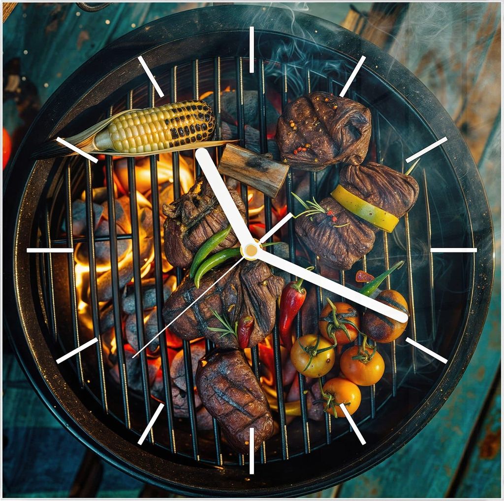 Wanduhr aus Glas mit Motiv Sommergrillfest- 30 x 30 cm - inkl. Aufhängesystem