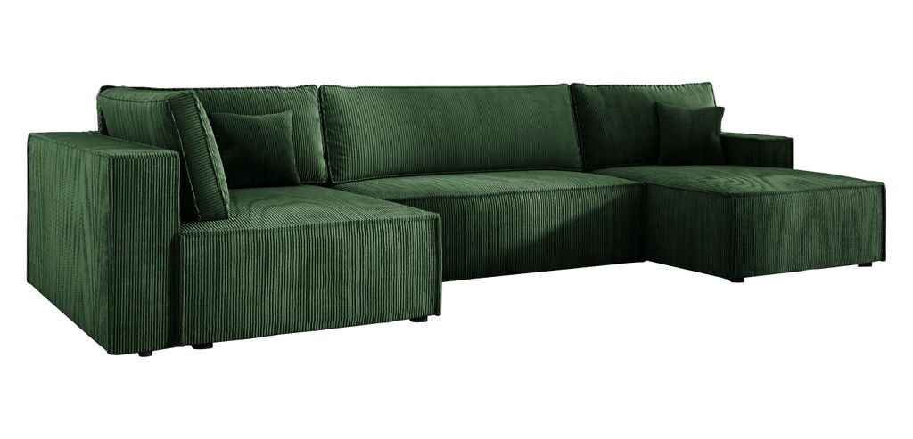 Ecksofa U form Schlaffunktion Cord COBRA XL 150x400 cm, Wohnlandschaft U form, Eckcouch U form, Sofa XXL, Polsterecke, Couch - Links Grün PS14