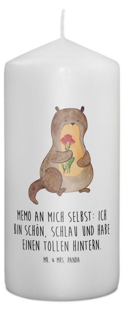 Mr. & Mrs. Panda Kerze Otter Blumenstrauß 15 x 7 cm - Weiß - Geschenk, Seeotter, Positiv, Süß, Achtsamkeit, Blockkerze, Stumpenkerze, Erinnerun...