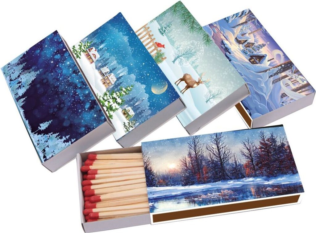 jameitop 10 x 45er Packungen Winter Wonderland XL Streichholzschachteln, 10cm mit Schnee Design Streichhölzer Zündhölzer