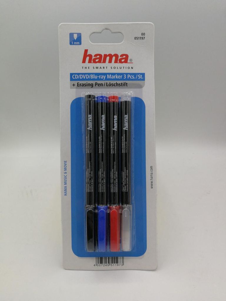 Hama CD/DVD Marker, 4 parts set, Black, Red, Blue + Erasing Pen, Mehrfarbig, 230 mm, 90 mm, 17 mm, 41 g