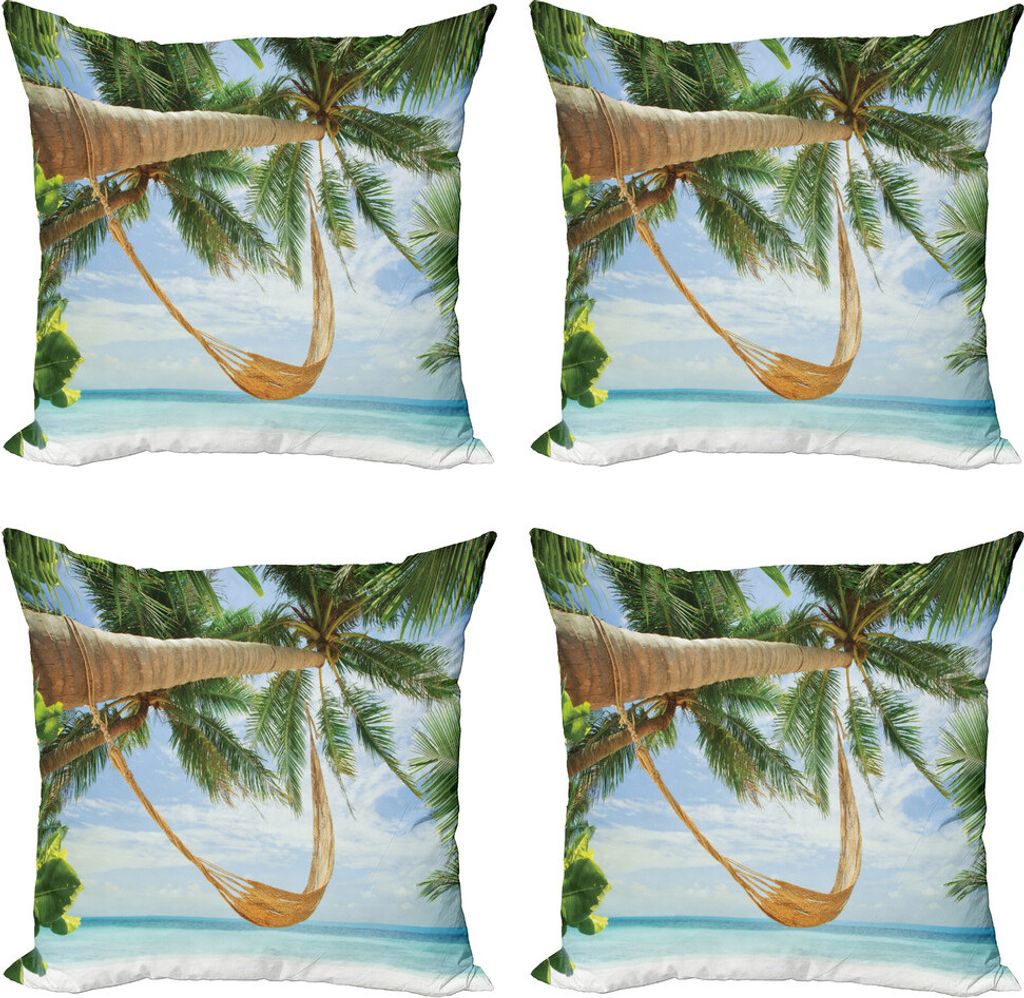 ABAKUHAUS Strand Kissenbezug Set (4 Stück), Ozean Sandy Shore Palm, Moderner Doppelseitiger Digitaldruck, 60 cm x 60 cm, Grüne Sahne Blau