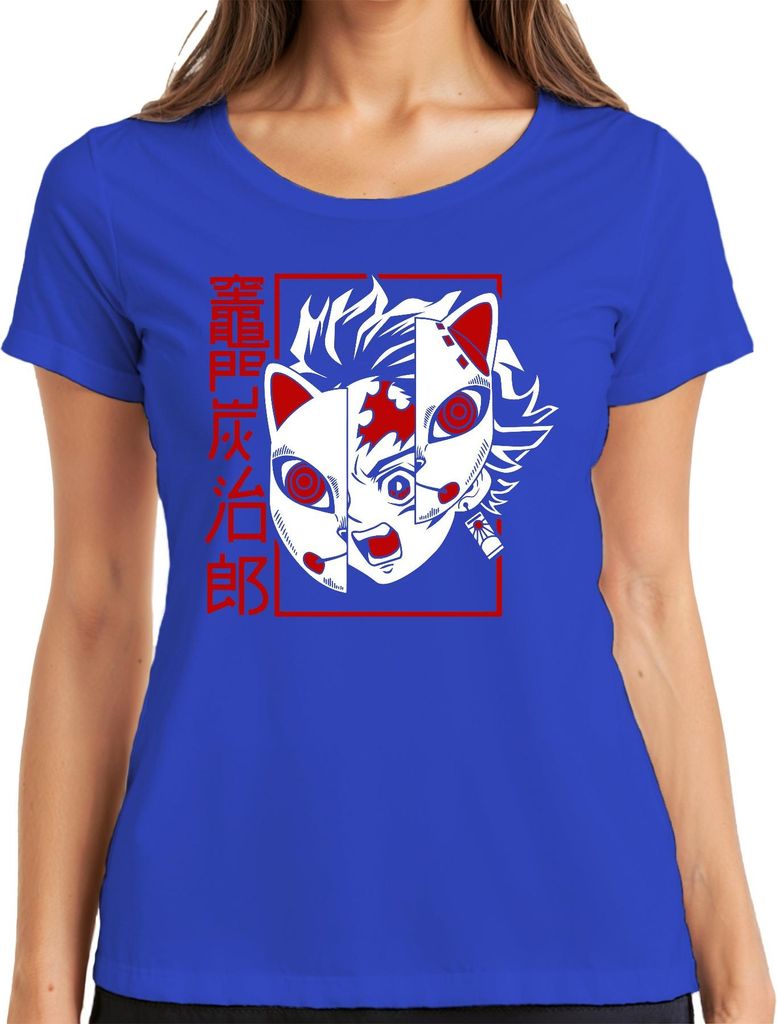 Tanjiro Kamado Kimetsu no Yaiba Fuchsmaske Anime Geschenk Damen T-Shirt, Blau, XXL