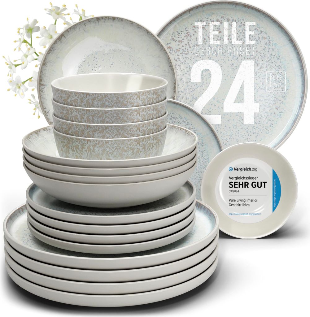 Steingut Geschirrset 6 Pers. Ibiza 24-tlg - Hochwertiges Mediterranes Steingut Geschirr Set - Schüssel & Teller Set - Tafelservice 6 Personen Gesc...