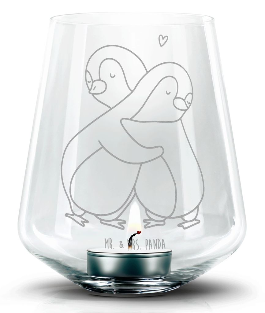 Mr. & Mrs. Panda Kerzenglas Pinguine Kuscheln - Transparent - Geschenk, Kerzenhalter, gravur glas, Freundin, Hochzeitstag, Freund, für Partner, Wi...