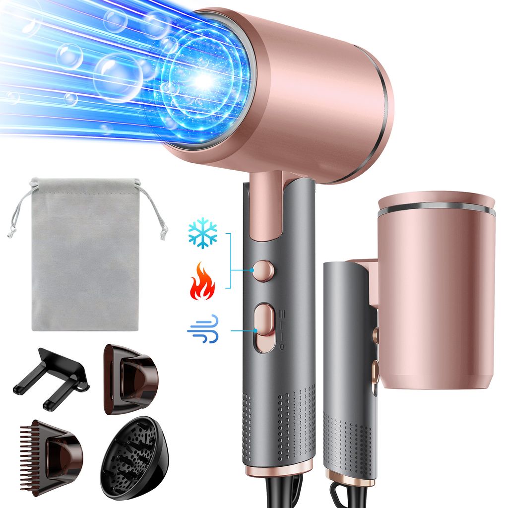 A hairdryer and its accessories are displayed against a white background.