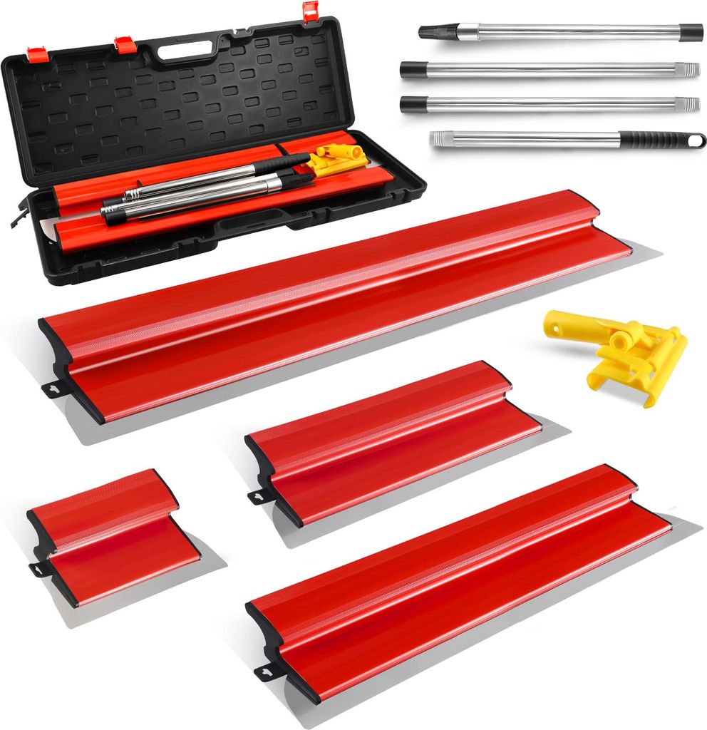 Trockenbau Spachtel-Set - Skimming-Glätteklingen 4-teilig - 25/40/60/80 cm - Teleskopstange 86–207 cm - Edelstahl - Rot