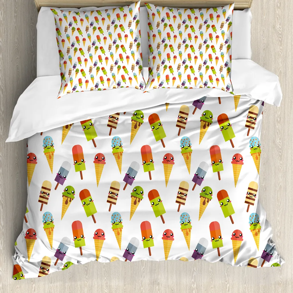 ABAKUHAUS EIS Copripiumino, Bunte Yummy, antiacaro, adatto a chi soffre di allergie, con federe, 200 cm x 200 cm - 80 x 80 cm, multicolore
