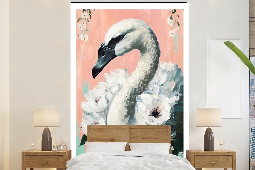 MuchoWow Fototapete für Wohnzimmer oder Schlafzimmer Wandtapete Vinyl Motivtapete Schwan - Tiere - Blumen - Pastell - Weiß - 180x280 cm - Wallp...