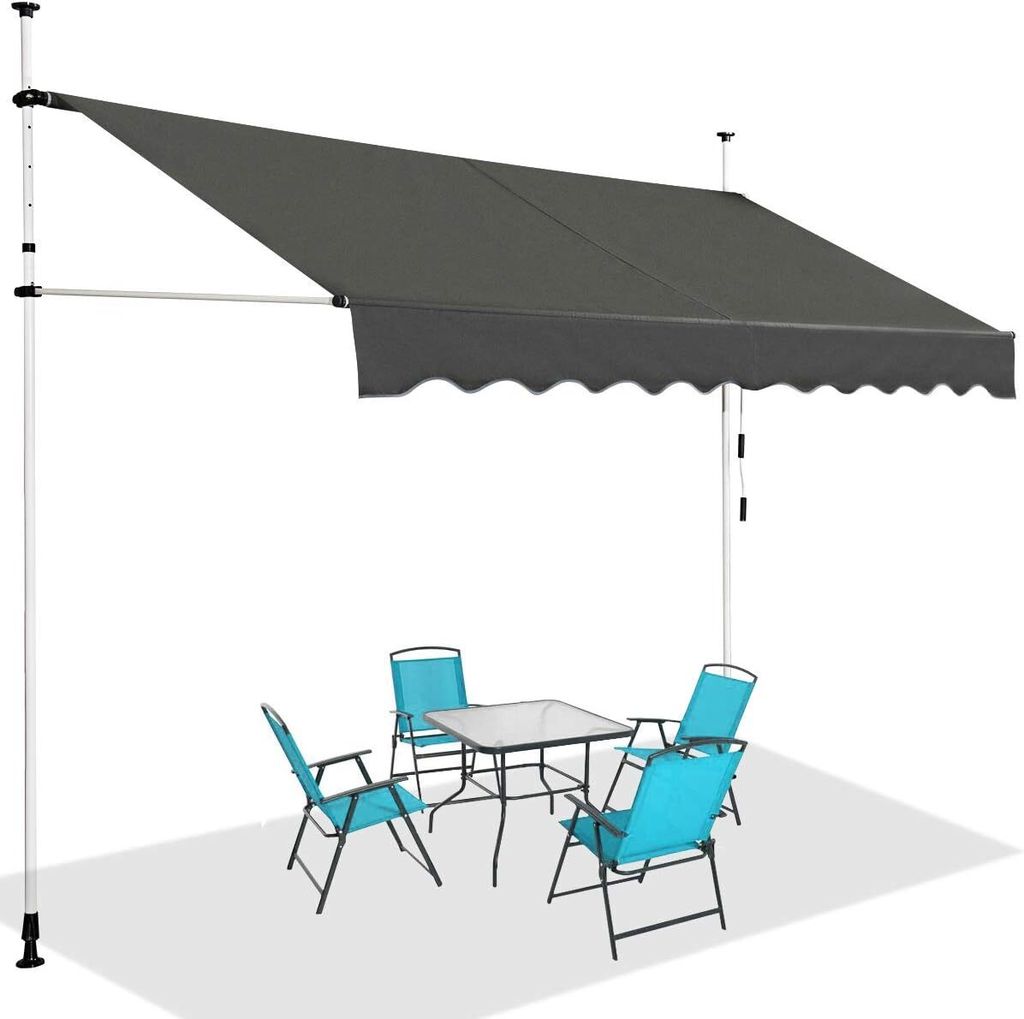 An outdoor patio scene with a gray awning extended over a glass-topped table and four blue chairs.