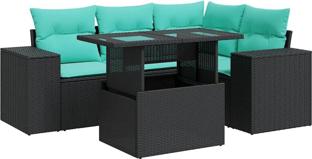 5-tlg. Garten-Sofagarnitur mit Kissen Schwarz Poly Rattan