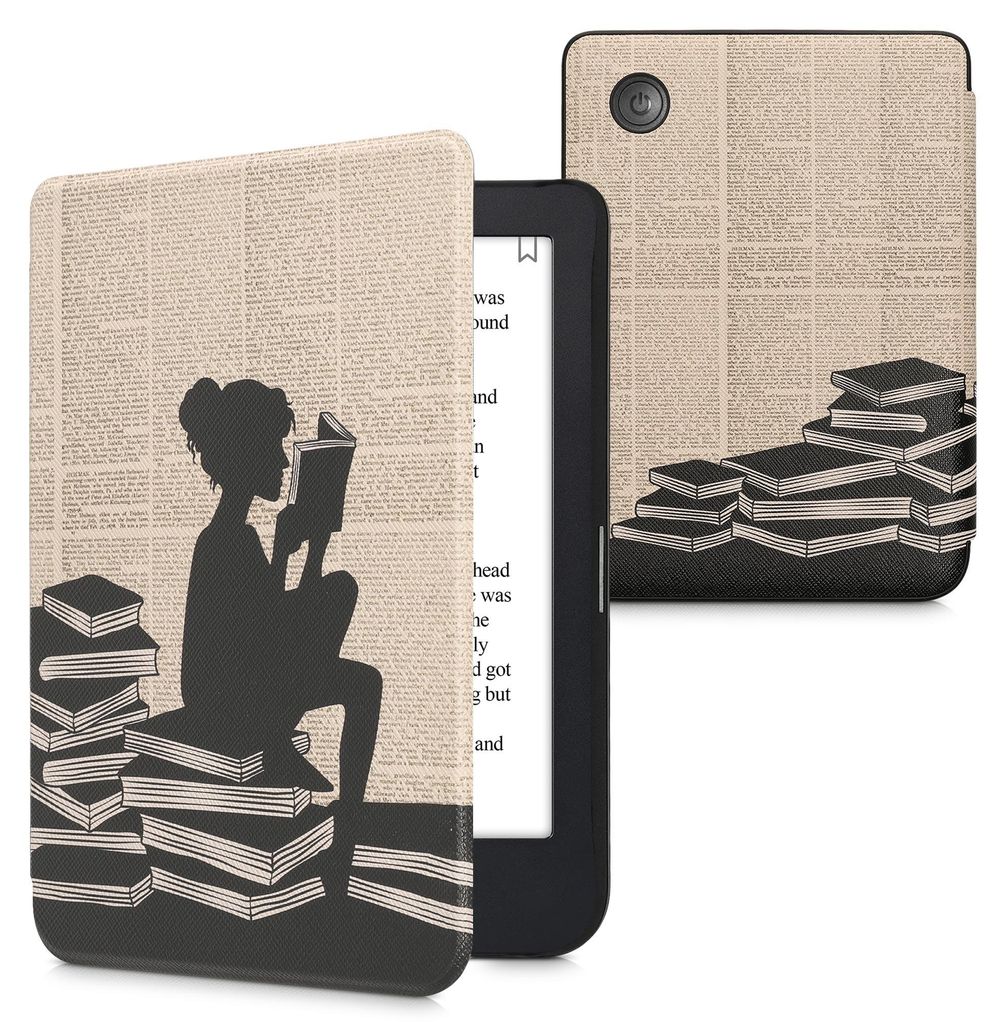 kwmobile Schutzhülle für Kobo Clara 2E / Tolino Shine 4 Hülle - eReader Flip Case mit Auto Sleep Funktion - Lesende Frau mit Schwarz Beige