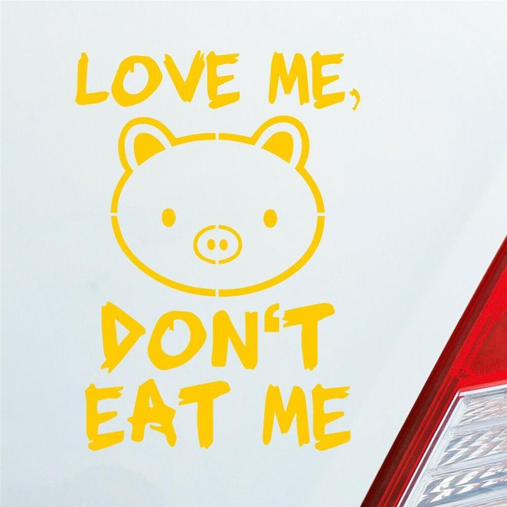 Auto Aufkleber Love me Schwein Tier Vegetarier Vegan 12x8,5 cm Gelb Sticker Heckscheibenaufkleber