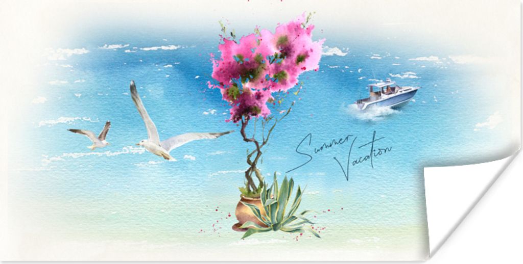 MuchoWow Poster Blumen - Boot - Vogel - Meer 80x40 cm - Wanddeko