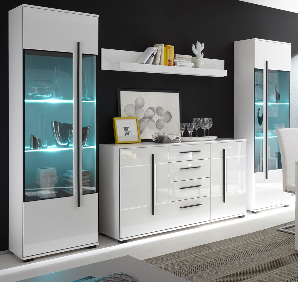 Wohnwand "Design-D" in weiß Hochglanz Anbauwand 4-teilig Produktbild 