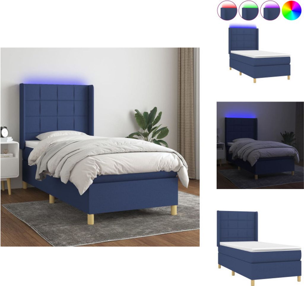 vidaXL Boxspringbett mit Matratze & LED Blau 90x200 cm Stoff - Betten & Bettgestelle