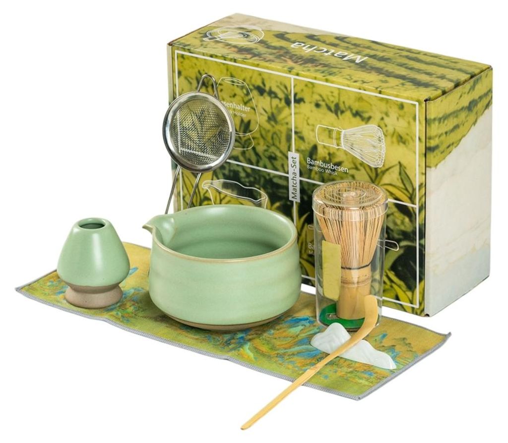INF Matcha-Set Kaolin 7-teilig mit Bambusbesen, Sieb, Schale für Tee Grün