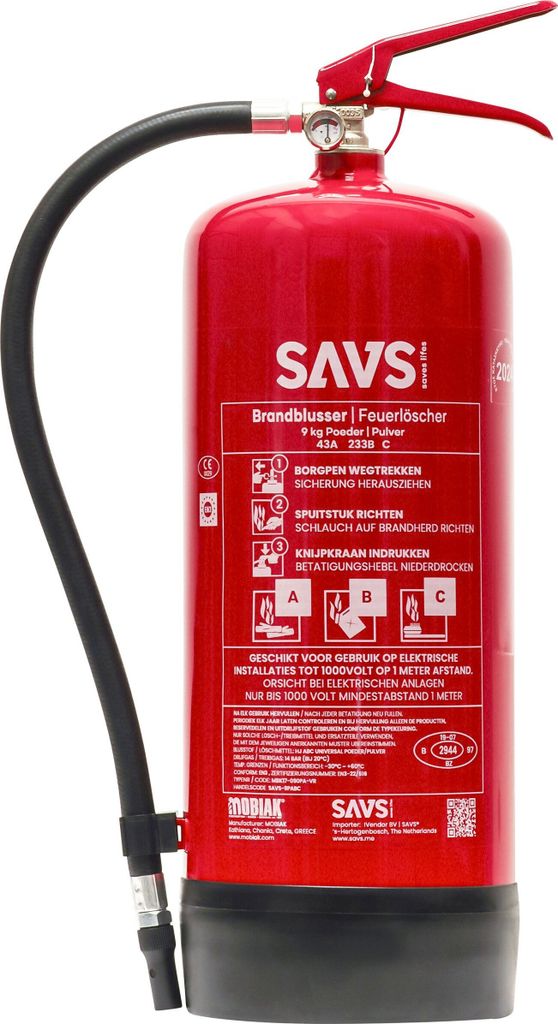 SAVS Feuerlöscher Pulver 9 kg - 43A 233B C - Mit Halterung - Pulverlöscher