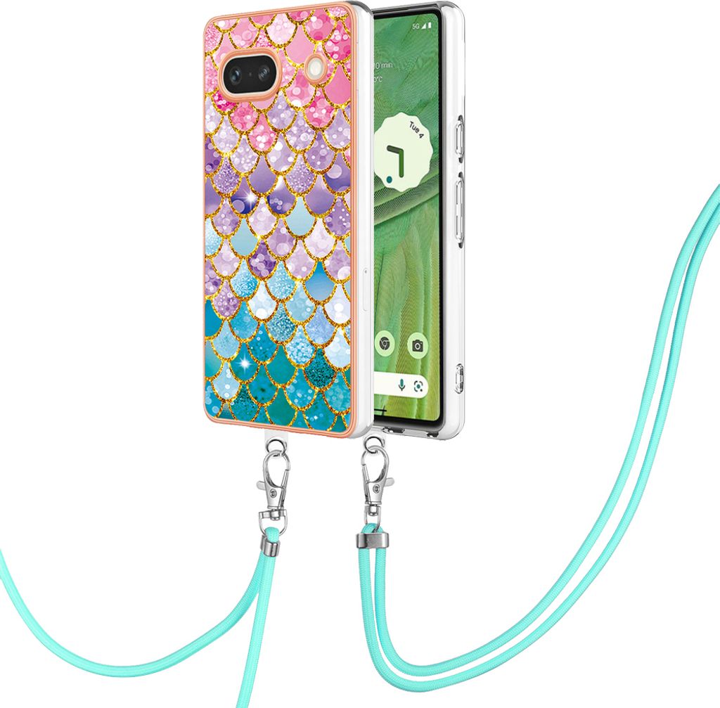 Handykette Hülle für Google Pixel 7A Muster TPU Schutzhülle mit verstellbarem Tragegurt Bunt