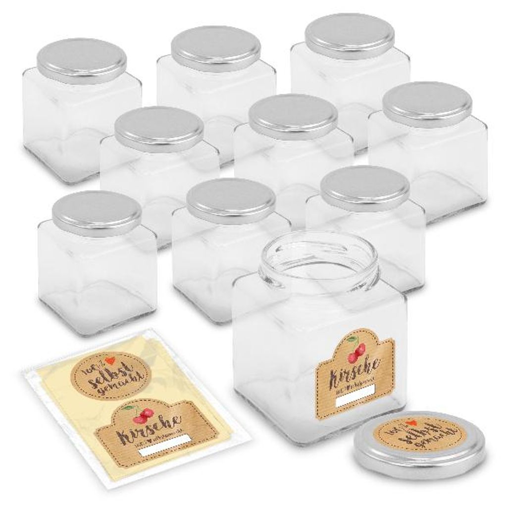 itenga Set 10 Marmeladengläser QUADRATISCH 212ml mit Sticker Kirsche
