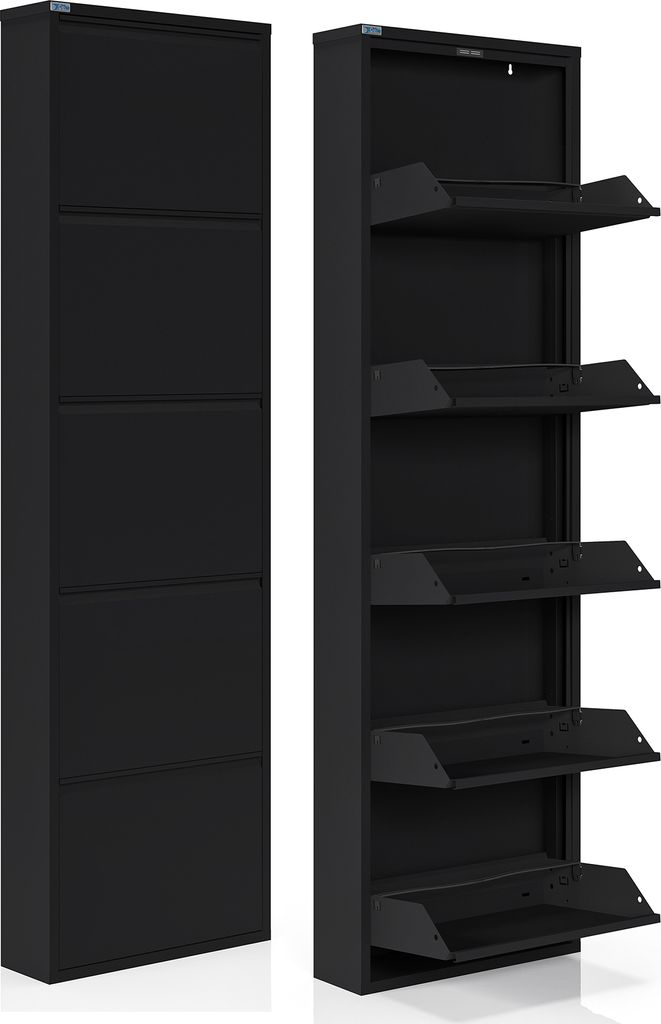 A black metal shoe cabinet shown from two angles: a closed view on the left and an open view on the right, revealing multiple shelves.