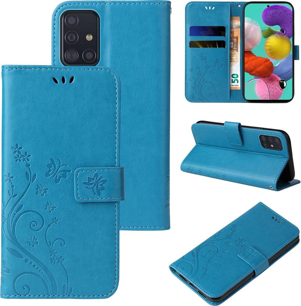 Handyhülle für Samsung Galaxy A51 Floral Blumen Schmetterling Flip Cover Hülle Case Klapphülle Handytasche Farbe: Blau