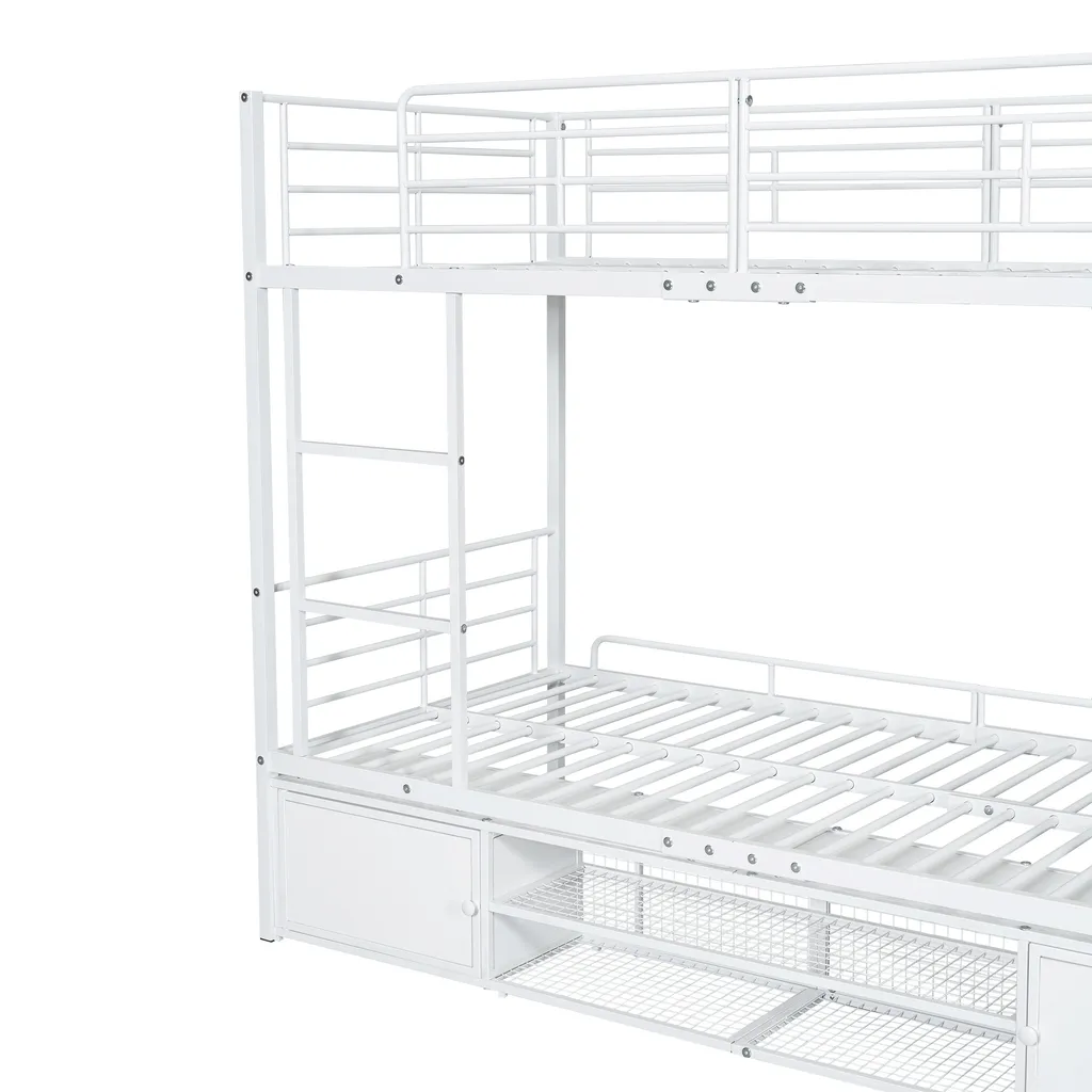 Lit superposé blanc en métal avec barrière anti-chute et armoire 2 portes - 9