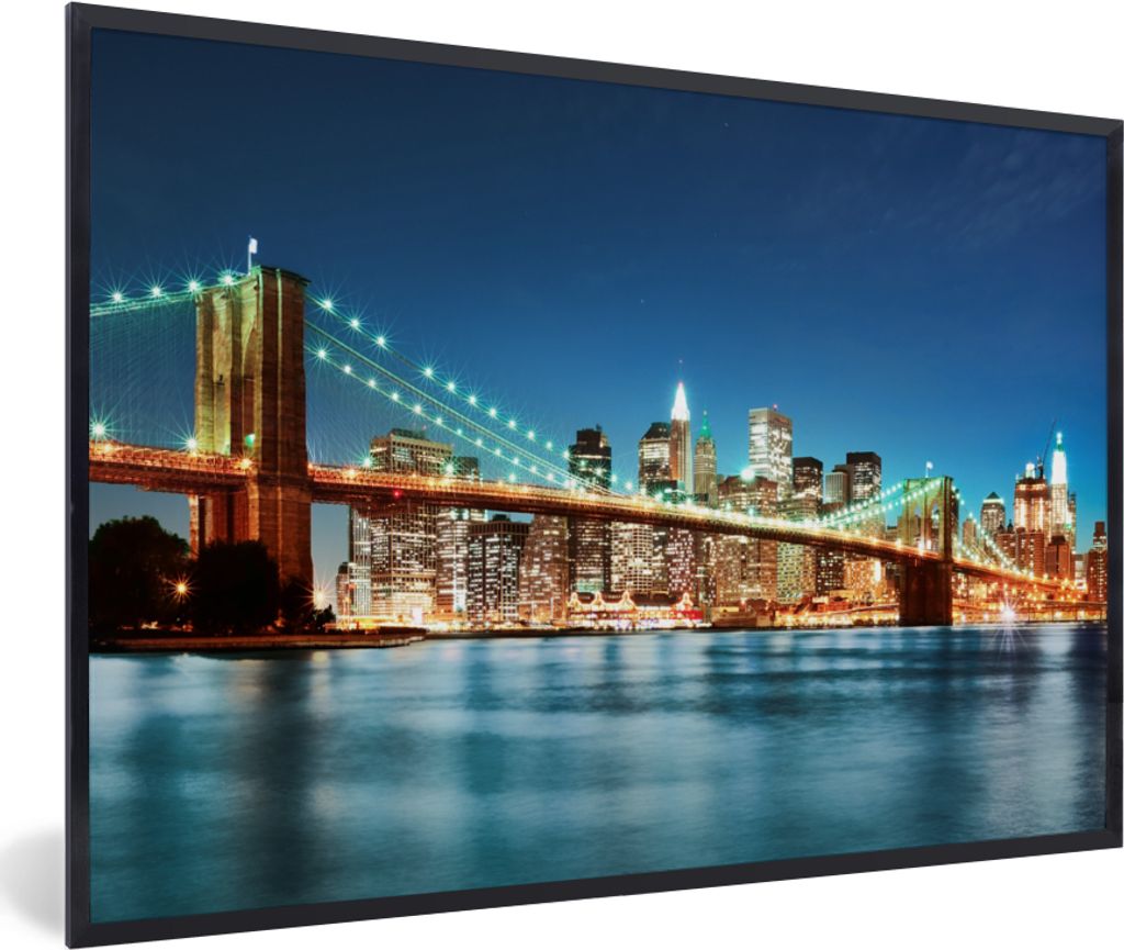 MuchoWow Gerahmtes Poster New York - Brücke - Architektur - Brooklyn - Licht 30x20 cm - Poster mit Schwarzem Bilderrahmen Wandposter Rahmen Foto...
