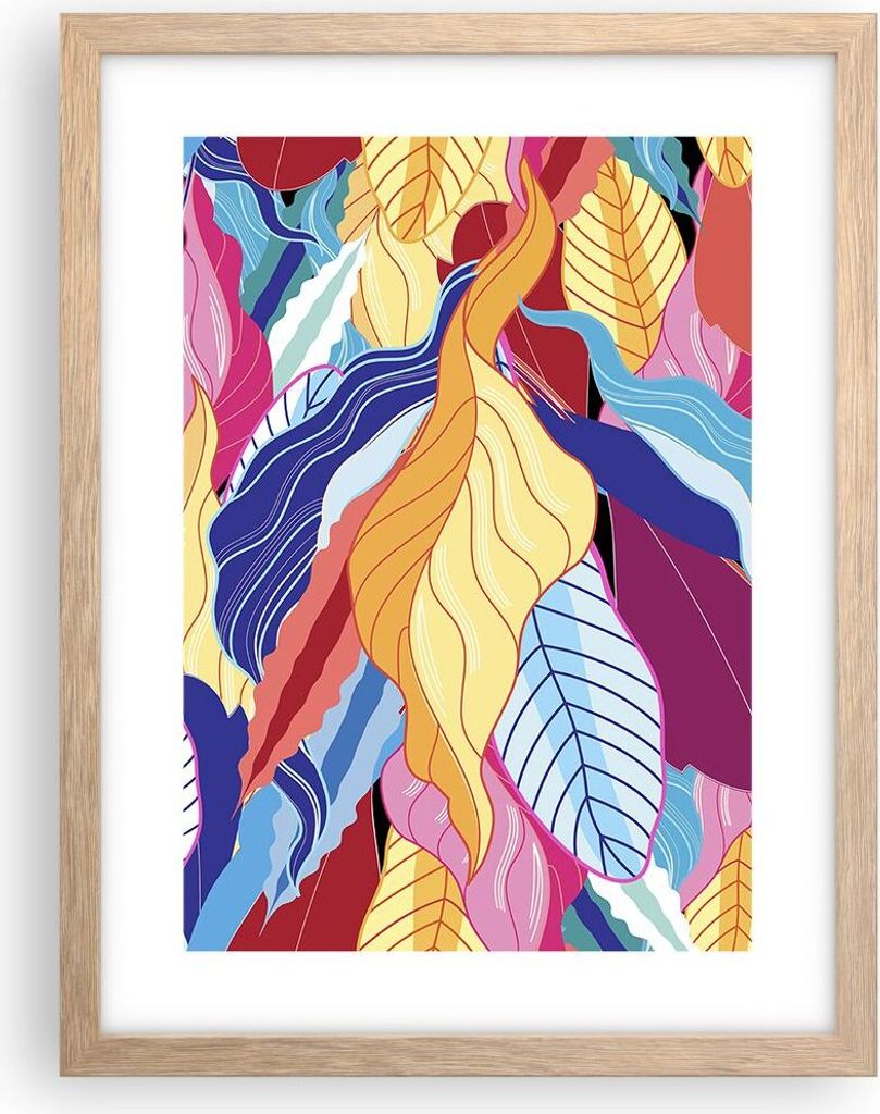 Gerahmtes Poster - Rahmen in heller Eiche - Muster Blätter bunt - 30x40 cm - Wand Bild - Wanddeko - Wandbilder - Wandposter - Bilderrahmen - Bilde...