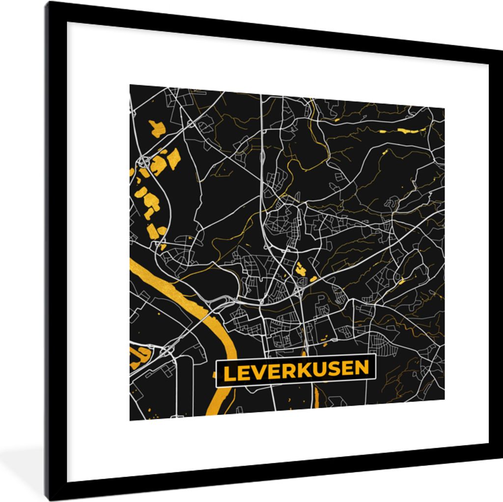 MuchoWow Gerahmtes Poster Leverkusen - Gold - Stadtplan - Deutschland - Karte 40x40 cm - Poster mit Schwarzem Bilderrahmen Wandposter Rahmen Foto...