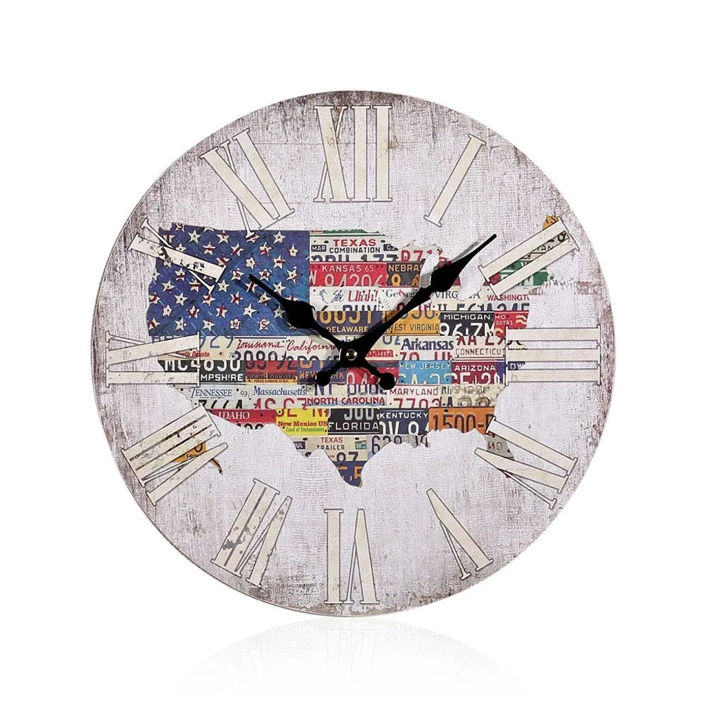 Horloge ronde de salon style bois shabby chic - Pendule murale à quartz