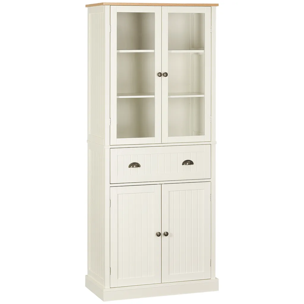 Meuble Cuisine Anti-Encombrement Beige : Buffet Haut avec Rangement Vitré