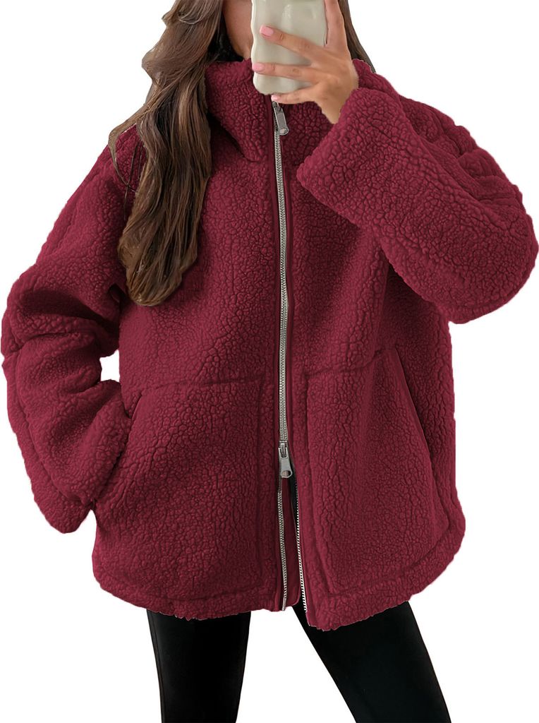 ASKSA Damen Teddy Fleece Jacke Warme Flanell Jacke Dicke Freizeit Winterjacke Einfarbig Fleecejacke mit Taschen Reissverschluss Wintermantel,Burgun...