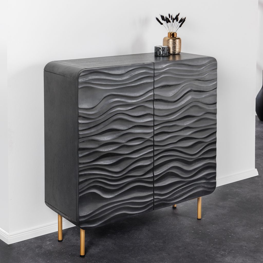 riess-ambiente Design Highboard WAVE 120cm schwarz Mangoholz mit 3D Schnitzereien mattgold Metallbeine Anrichte Schrank Kommode