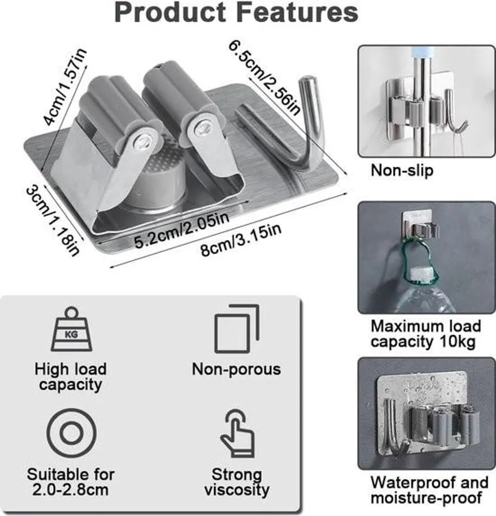 Support pour balai sans perçage en acier inox, fixation murale forte