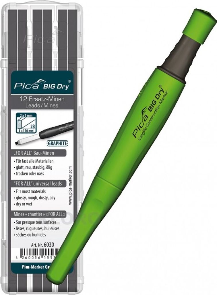 PICA-BIG Dry 1 x Marker + 12 Ersatzminen 6030 For All Bau-Minen Graphit