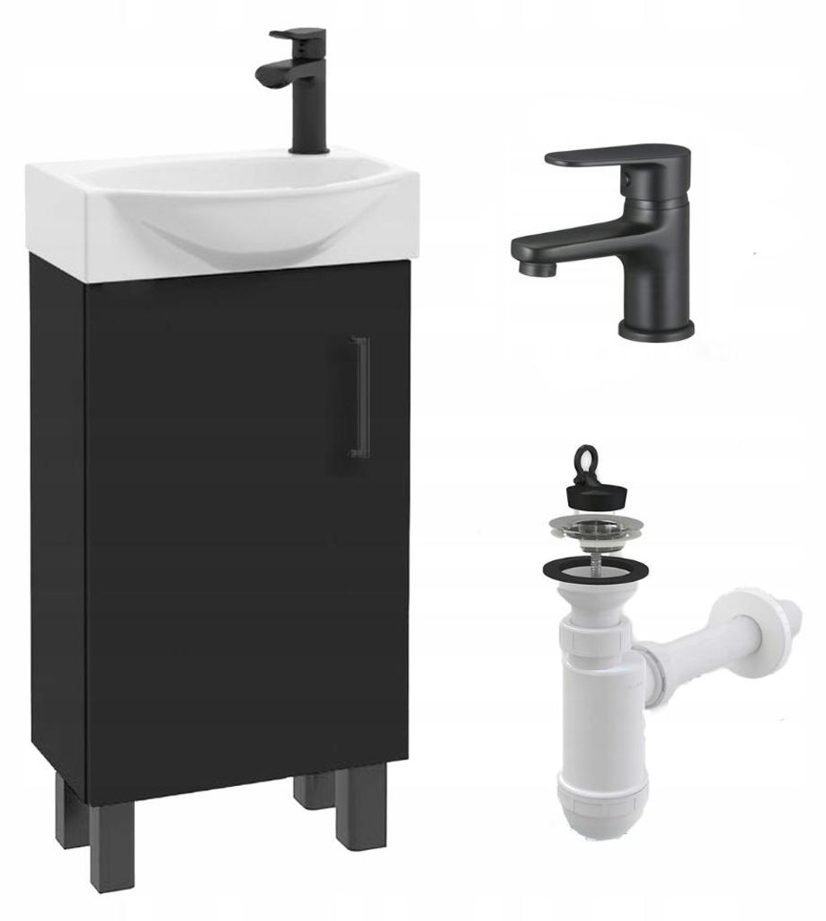 Stamar Waschtisch mit Unterschrank Stehend 40 cm Schwarz Matt | Badmöbel Set mit Keramik-Waschbecken und schwarzer Armatur Klein