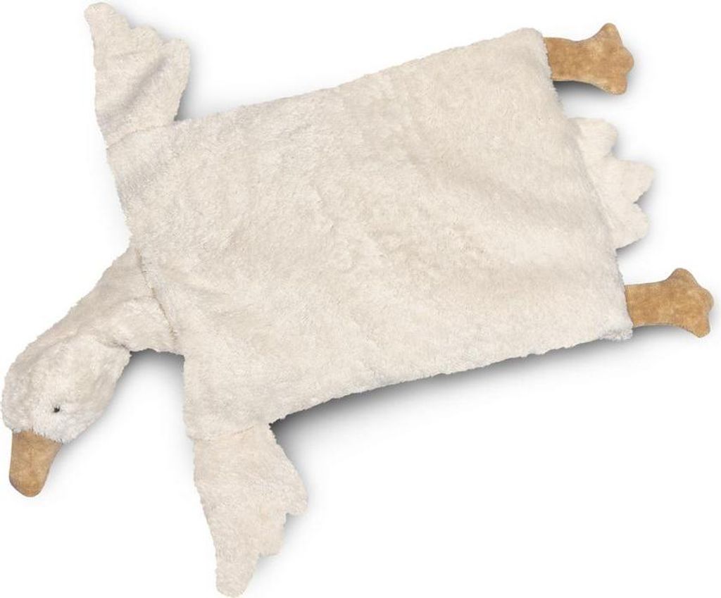 A plush toy goose lying on a white background.