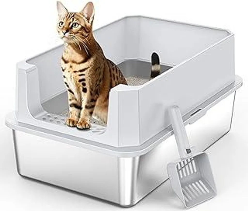 MIXJOY Lettiera in acciaio inossidabile XL, toilette per gatti in acciaio inossidabile 28L Grande capacità A prova di perdite con bordo alto, lettiera aperta con paletta, 56,5x36,5x25,5 cm