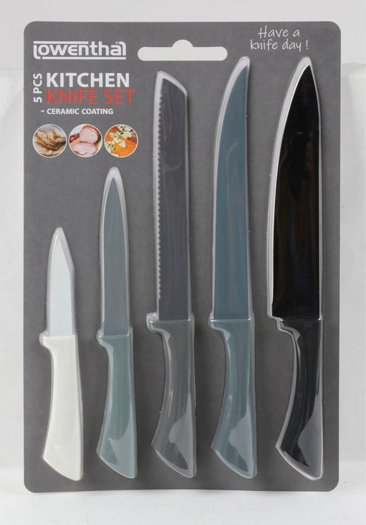 24x Messerset 5er Set mit Keramikbeschichtung Küchenmesser Set bestehend aus Kochmesser Brot- und Allzweckmesser