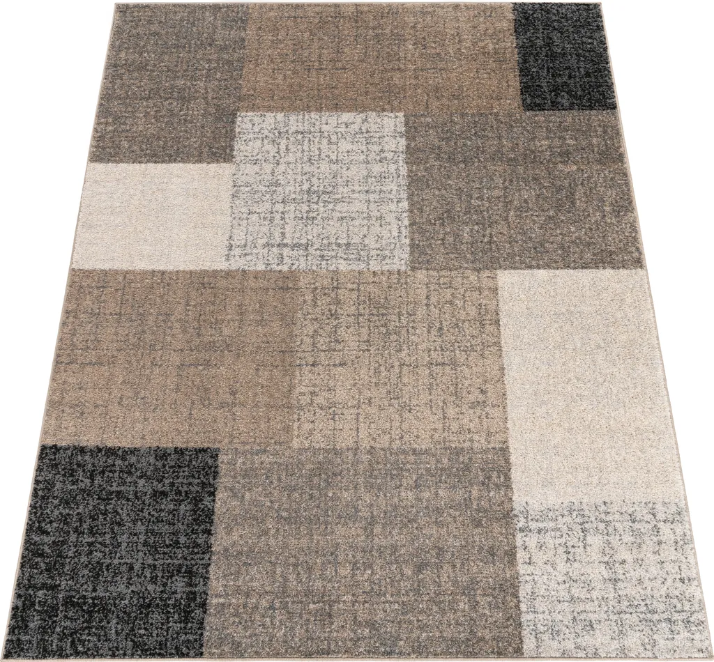 Tapis à Poils Courts Design Moderne Carreaux Marron Crème 120x170cm