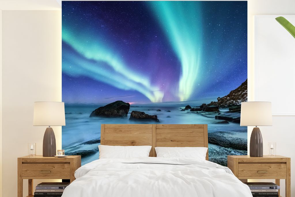 MuchoWow Fototapete für Wohnzimmer oder Schlafzimmer Wandtapete Vinyl Motivtapete Nordlichter - Landschaft - Lofoten - 240x260 cm - Tapezier Papier